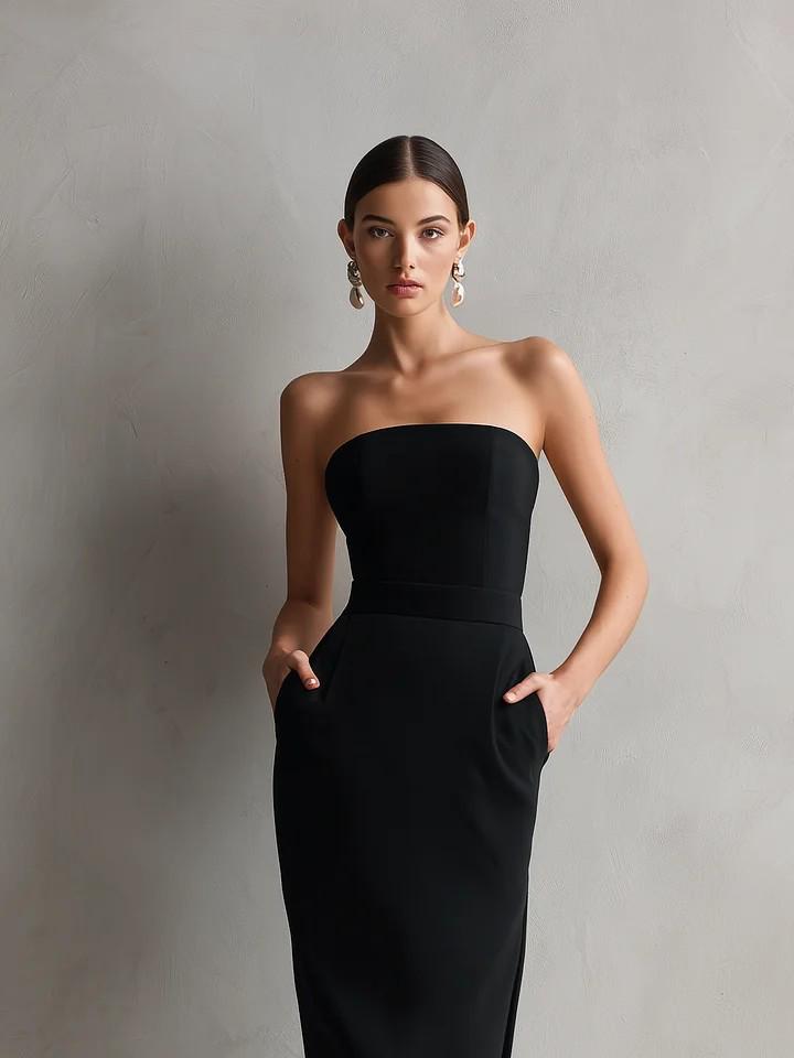 Luxuriöses trägerloses Midi-Kleid für Damen mit Taillenbetonung, Schlitz und Taschen - Perfekt für formelle Partys und Bankette.