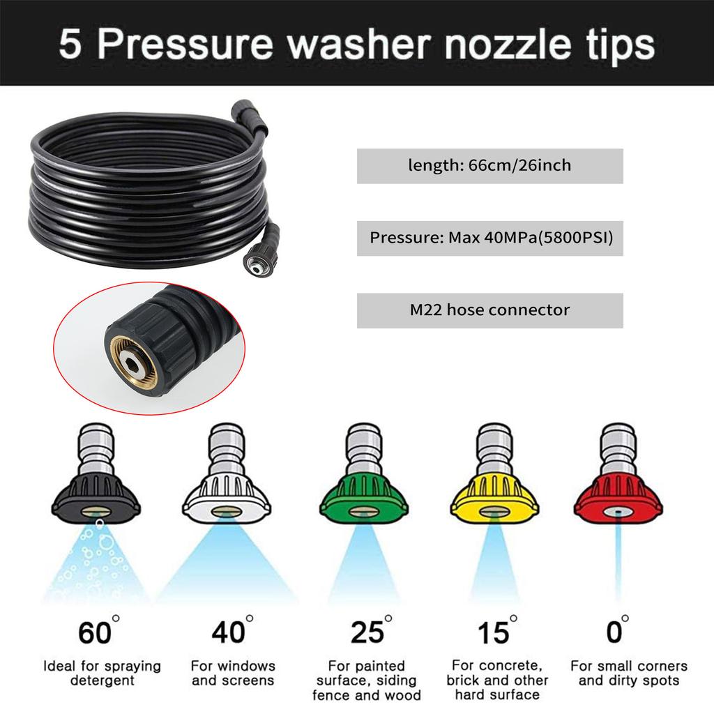 Pressure Washer Gun Max 40MPa(5800PSI) with 66cm26inch Black M22 Hose Kits 14inch Quick Connect