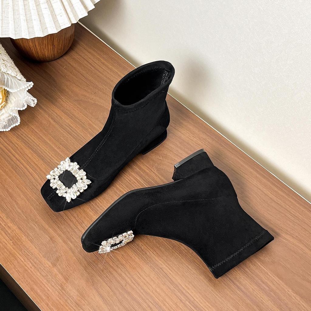 Autumn/Winter Rhinestone Buckle Chunky Heel Slimming Velvet Sock Boots for Women