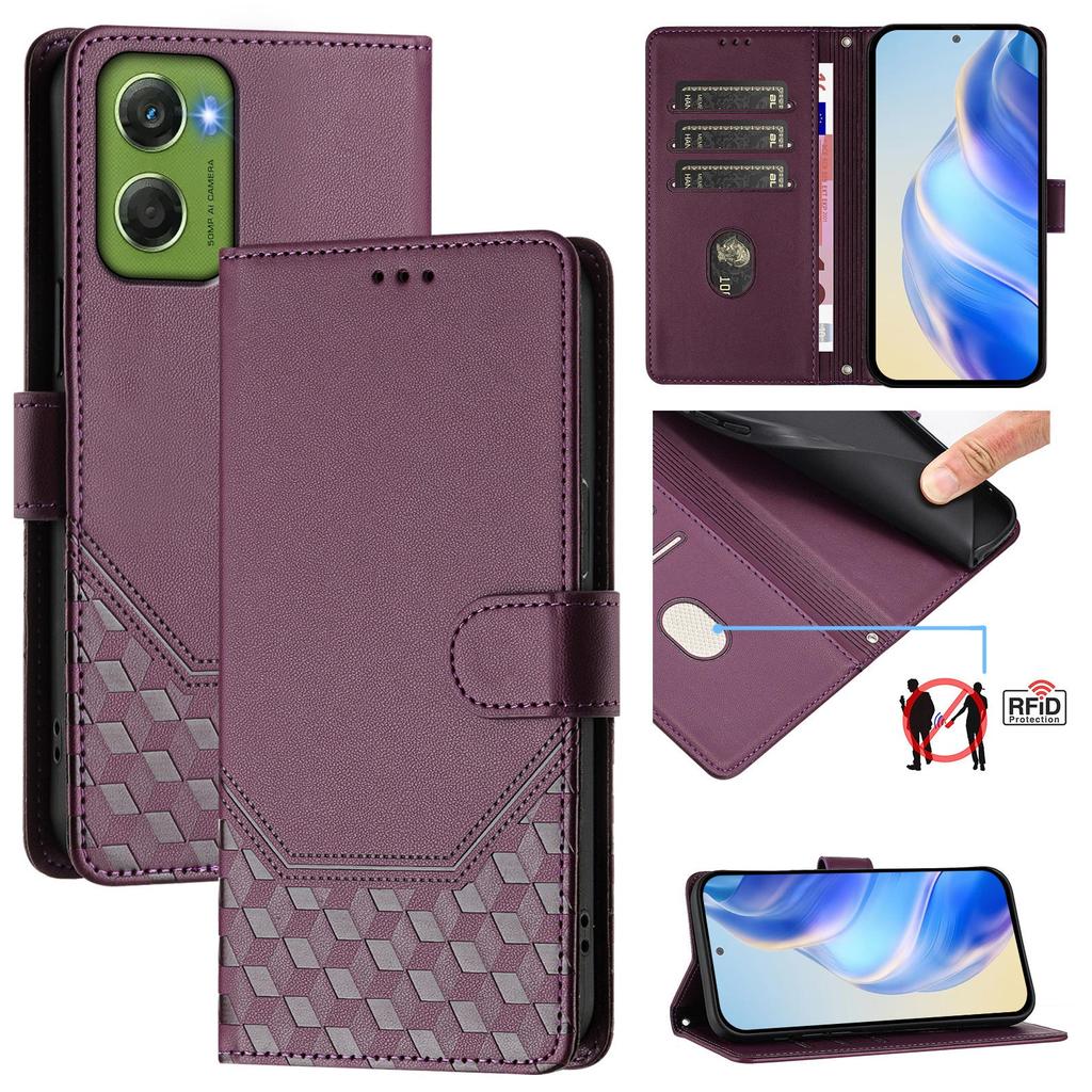For Motorola Moto G06 4G Case Imprinted Honeycomb RFID Blocking Leather Phone Cover with Strap