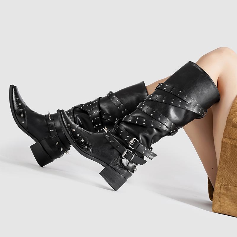 Factory Custom Retro Pointed Boots Women's Black Rivet Punk Style Thick Heel Babe Knight Boots Strap Western Boots