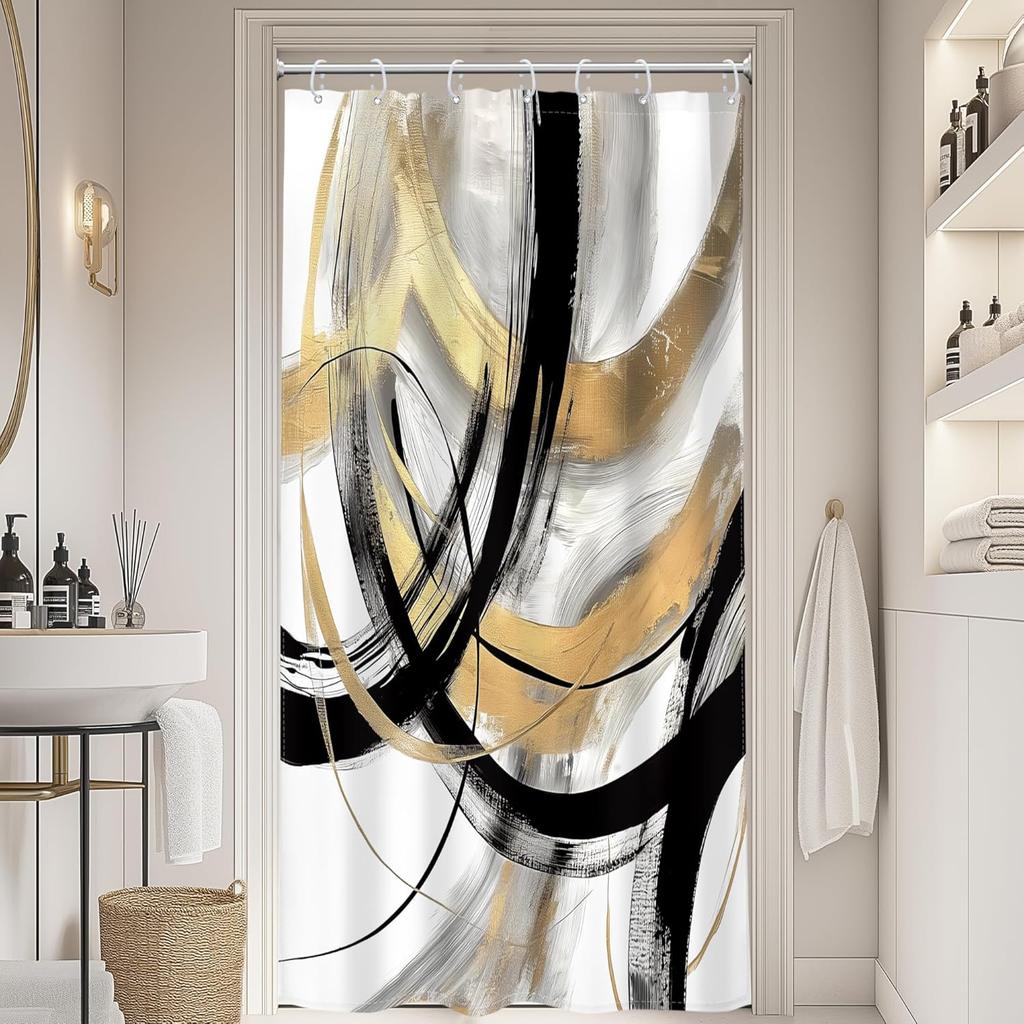 Schwarzer Abstraktes Duschvorhang Modern Graffiti Minimalistische Linienkunst Einfache Geometrische Skizze Ästhetisch Cool Einzigartig für Mann Badezimmer
