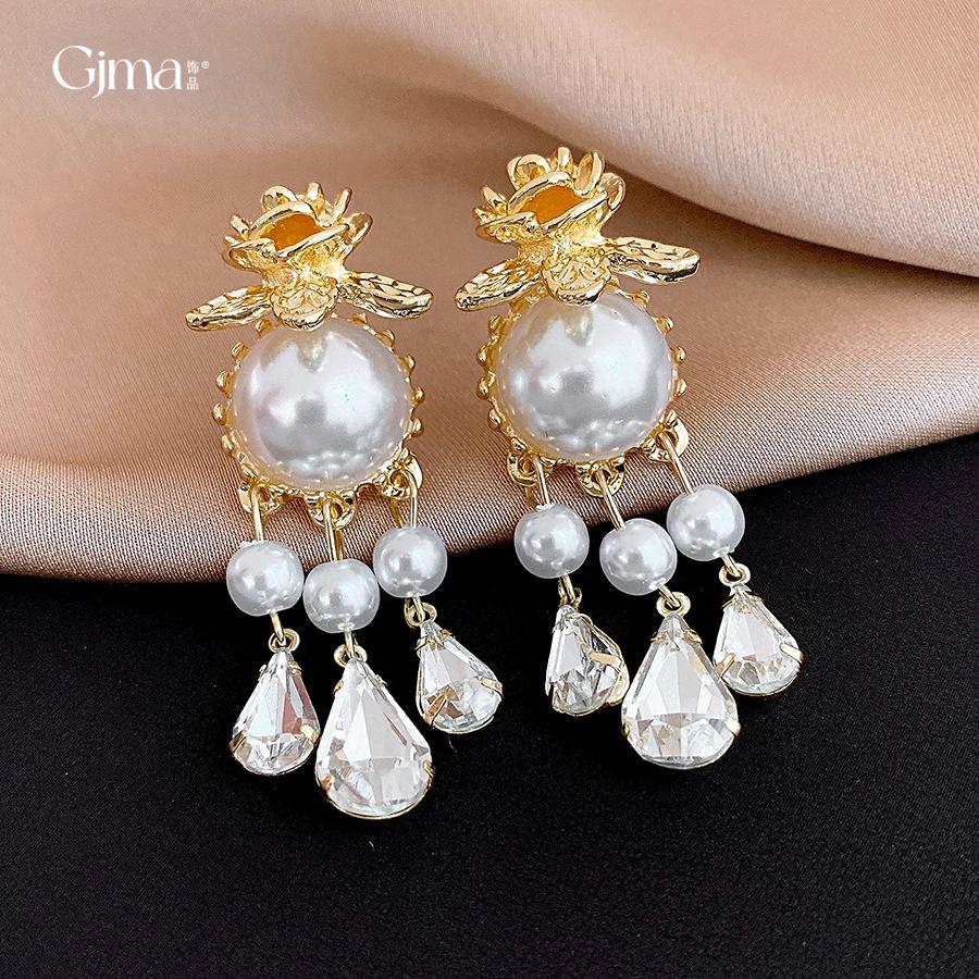 Medieval court style diamond-set flower water drop pearl earrings stud earrings retro versatile earrings