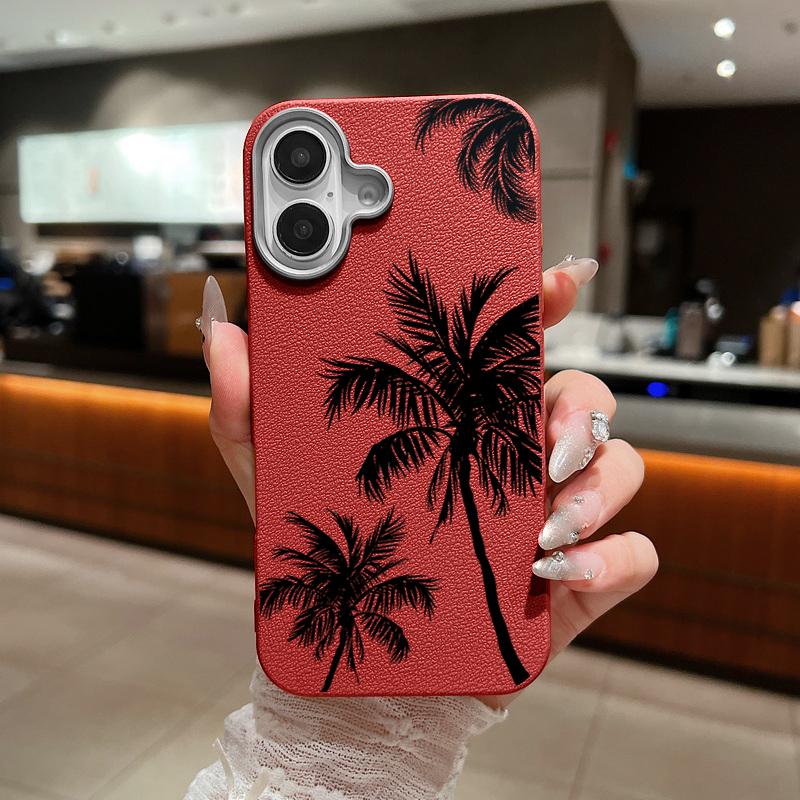 Für iPhone 16 15 Pro Max 14 Pro 13 12 11 Hülle Kokospalmen-Druck Lederstruktur TPU Weich Stoßfest Matt Handyhülle