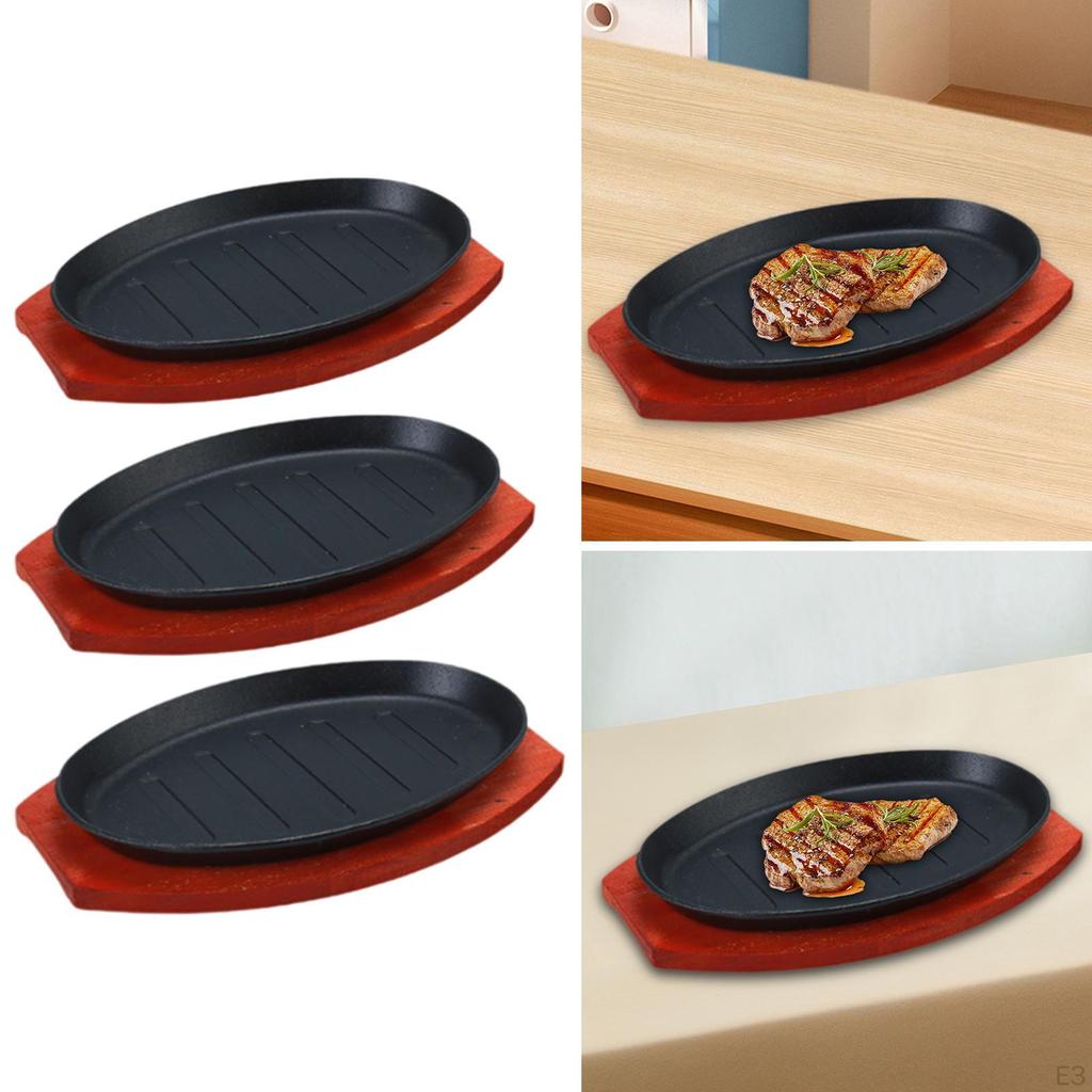 Cast Iron Steak Plate Fajita Pan with Wood Tray Serving Sizzling Dish