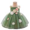 European & American Style One-Shoulder Baby Girl Wedding Dress with 3D Flowers, Ideal for First Birthday or Special Occasion Performance.