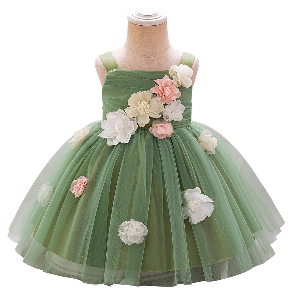 European & American Style One-Shoulder Baby Girl Wedding Dress with 3D Flowers, Ideal for First Birthday or Special Occasion Performance.