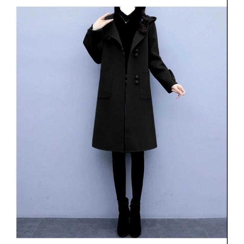 

Шерстяное пальто для женщин Новое осенне-зимнее корейский стиль Свободное средней длины с капюшоном Ретро шерстяное пальто для женщин 4XL