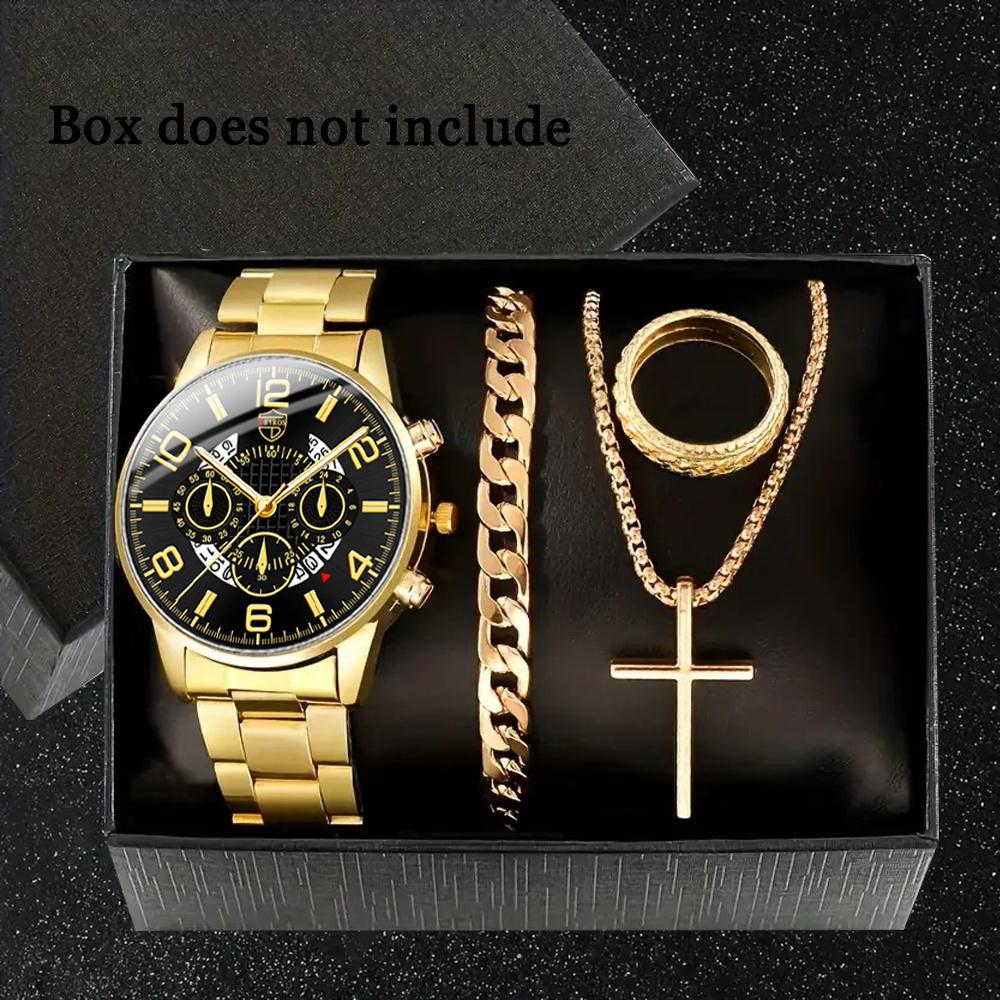 Men's 4-Piece Fashion Watch Set with Quartz Movement: Alloy Case, Stainless Steel Strap, Date Feature, Includes Watch, Bracelet, Cross Necklace, Ring
