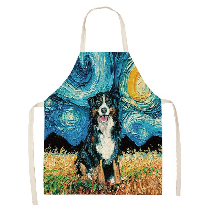 Schürze im Ölgemälde-Stil, Sternenhimmel-Hintergrund, Hund, Leinen, Baumwolle, kreative Eltern-Kind-Schürze, Familienküche