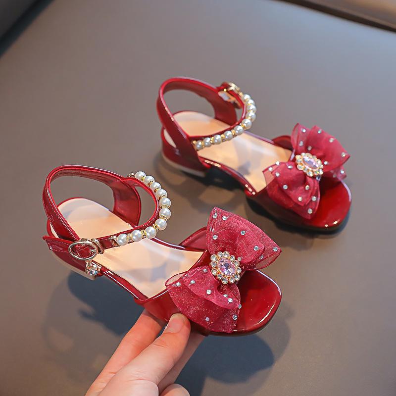 Girls sandals 2025 spring and autumn children soft-soled red leather shoes baby girl shoes bow single shoes children