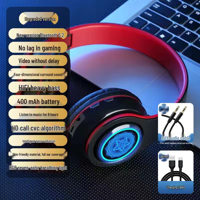 2025 Luminous Wireless Over-Ear Bluetooth Headphones with Heavy Bass and Large Earcups for Boys, Ideal for Running.