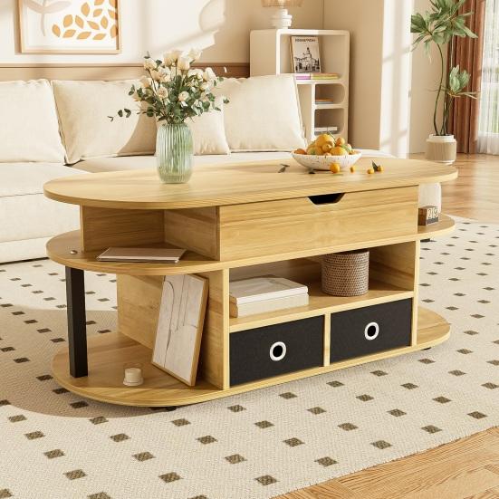 Home Coffee Table Modern Wood-Grain with Lift-Up Function Storage Space and Black Fabric Center Drawers Versatile Stylish Practical for