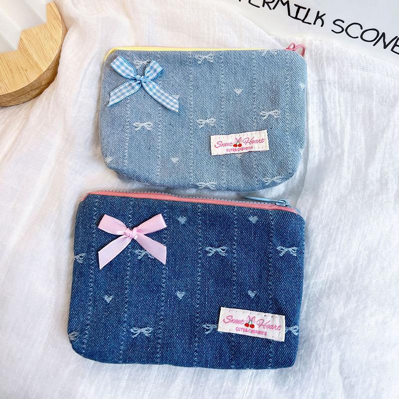 Denim Zero Wallet Madam Cute Bow Cosmetic Bag Storage Bag Travel Portable Makeup Organizer Wallet Purse with Zipper