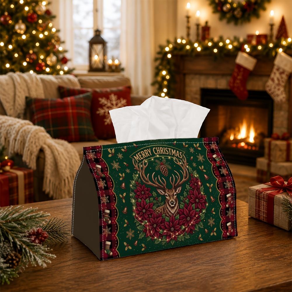 1pc Classic Ornate Winter Tissue Box - Multi-functional Napkin Box, Available Made of Durable Polyester, Decorated with Reindeer Portrait Floral Wreat