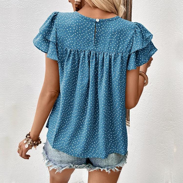 Women Summer Loose Green Blouse Ruffled Short Sleeve O Neck Tops