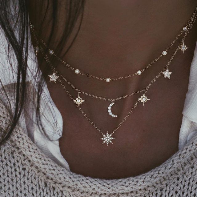 New Gold-plate Crystal Stars Pendant Necklaces For Women Necklace Multilevel Female Boho Vintage Jewelry Wedding Gift