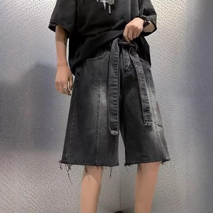 Summer Thin Washed Retro Denim Shorts Men's American Loose Trendy High Street Ruffian Handsome Wide-leg Rough-edge Five-point Pants