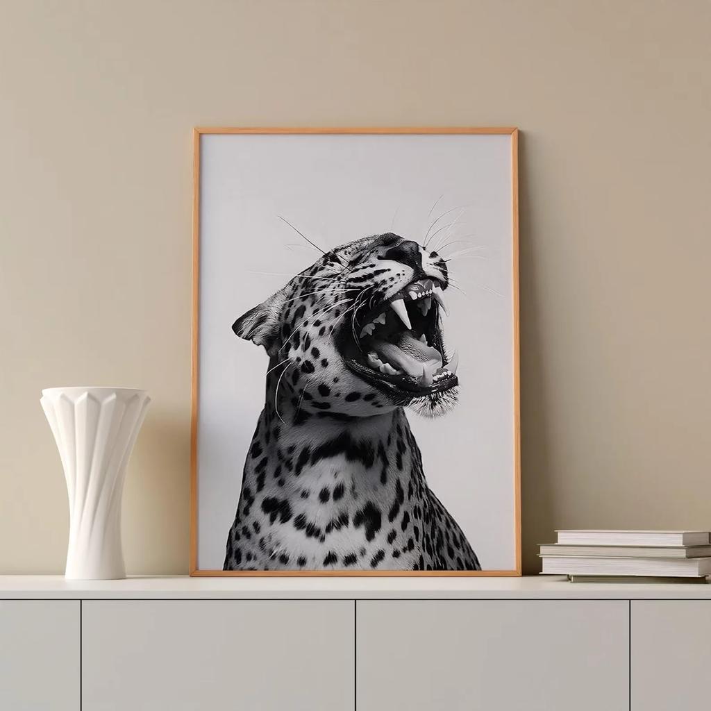 Trendy Leopard Roar Print Black and White Wall Art Pictures for Living Room Home Decor Unframed