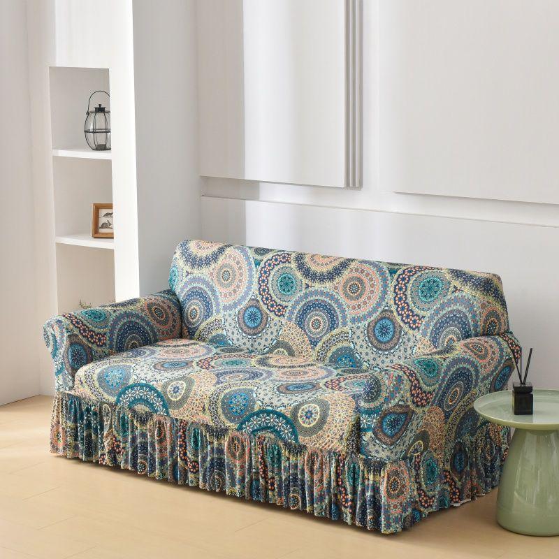 Floral Digital Print Elastic Sofa Cover with Ruffled Hem - Stretchy One-Piece Design, Adjustable Straps  Couch Covers for Sofa