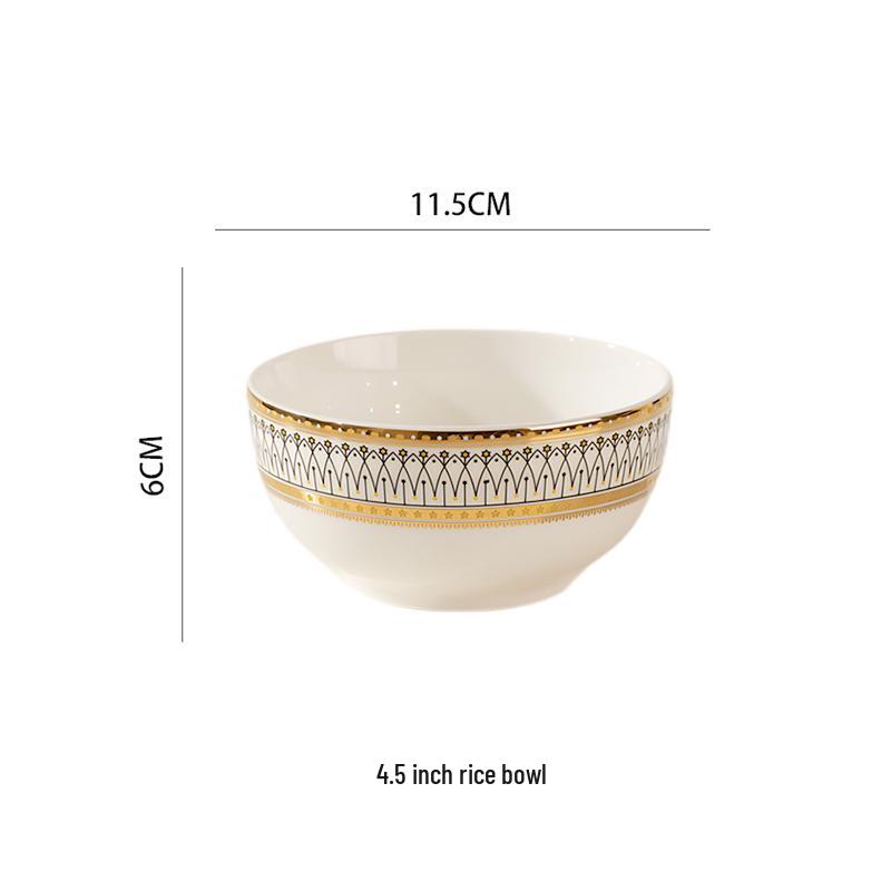 European Style Gold Rim Ceramic Dinnerware Set - Includes Large Bowls, Soup Bowls, Plates, and Rice Bowls for New Year Celebrations.