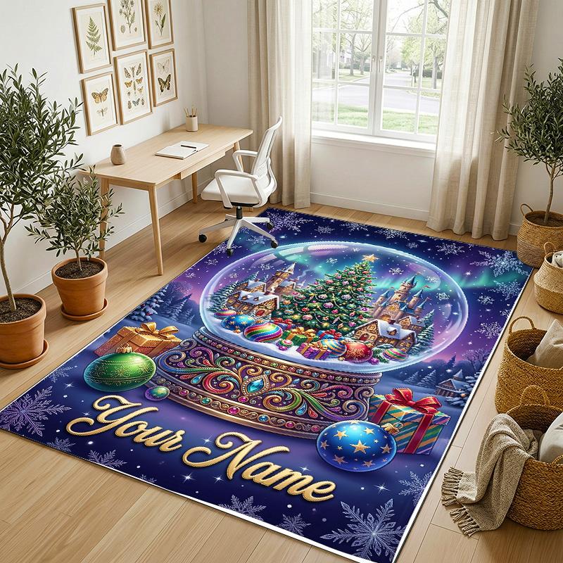 Christmas Theme Crystal Velvet Rug Personalized Custom Name Text Soft Floor Mat Home Decor