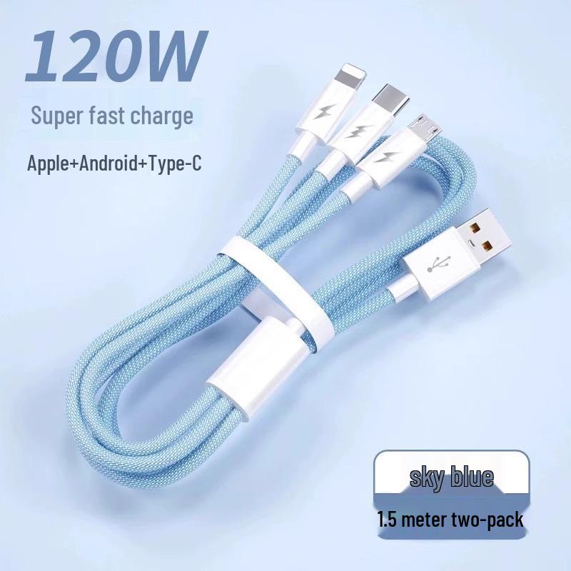 Multi-Head 3-in-1 Fast Charging Cable: 120W for Home, 66W for Car, Compatible with Apple Devices.