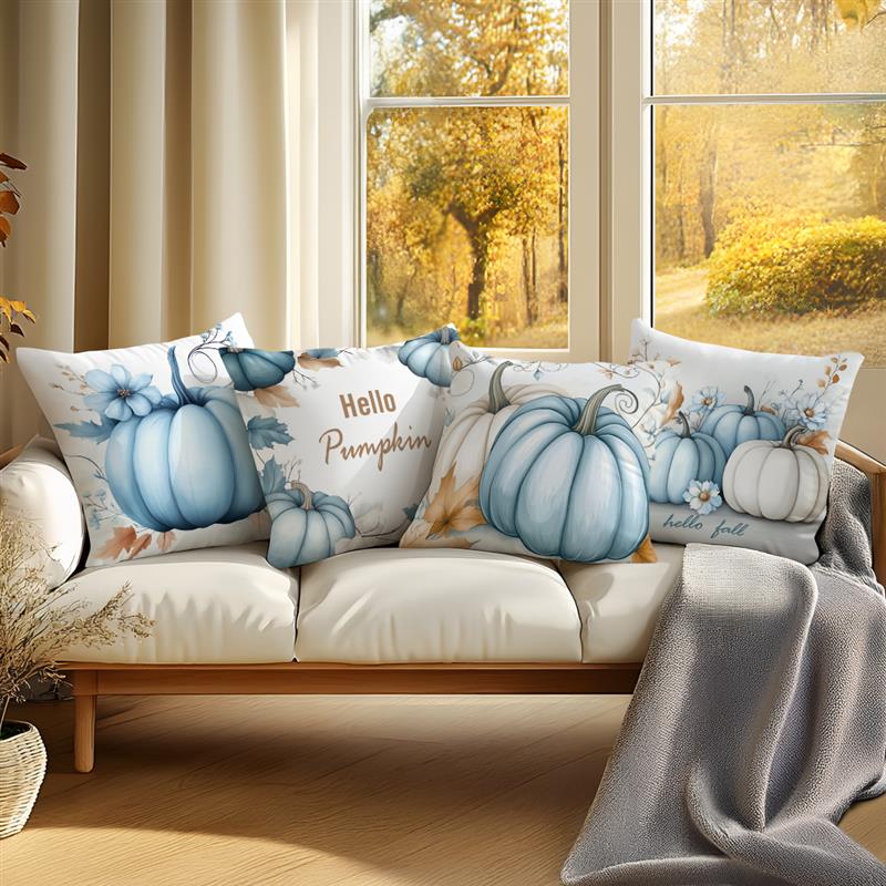 Home Decor Blue Pumpkins And Fall Hello Pattern Pillow Pattern Cushion Cover Suitable For Sofa Bedroom Car Pillow Cover