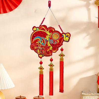 Flocking Chinese Lucky Character Pendants Traditional Handmade Red Horse Hanging Ornament with Tassels Good Fortune
