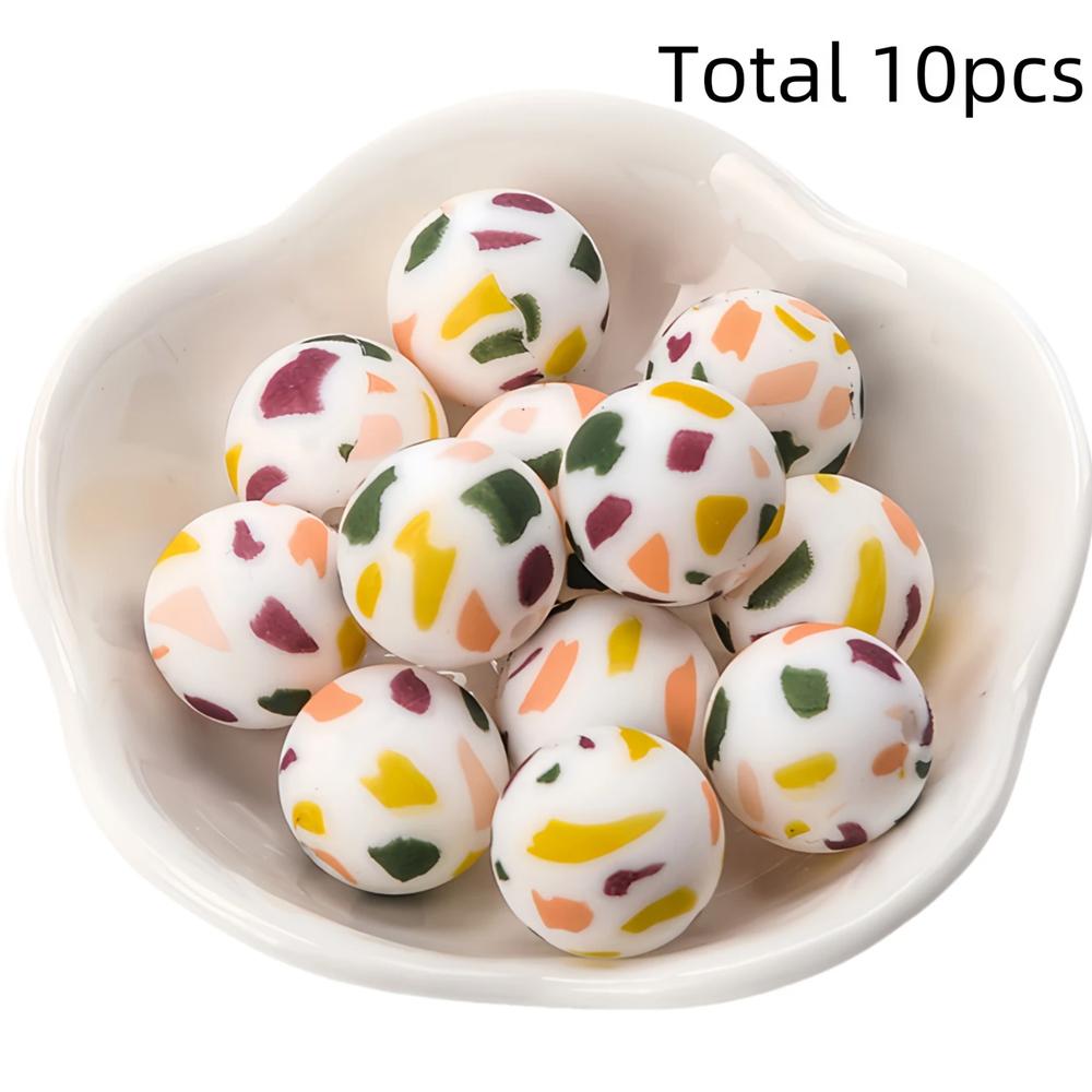 10/10pcs 15mm silicone beads with various styles of printed patterns, perfect DIY bead handmade accessories, fashionable jewelry