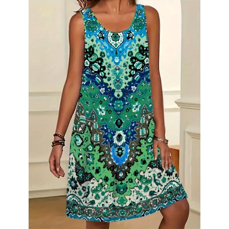 Damen Boho Ärmelloses Rundhalskleid - A-Linie Knielang Lässig Sommerkleid, Heller Paisley-Print