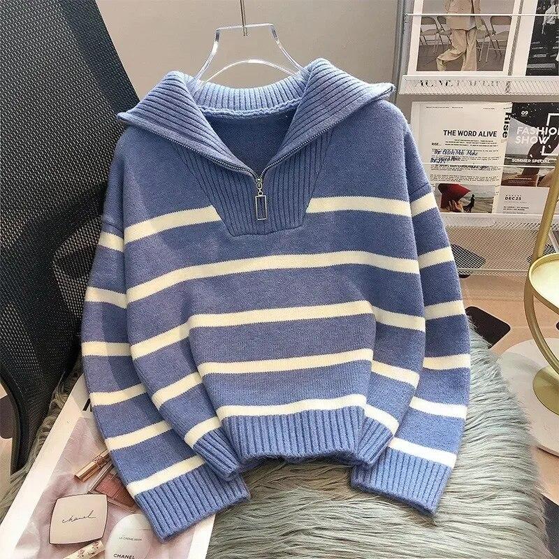 Sweter damski casual na zamek golf w paski Pull Femme Pogrubiony casualny Sweter 2026 Odzież damska Dzianinowy kardigan oversize