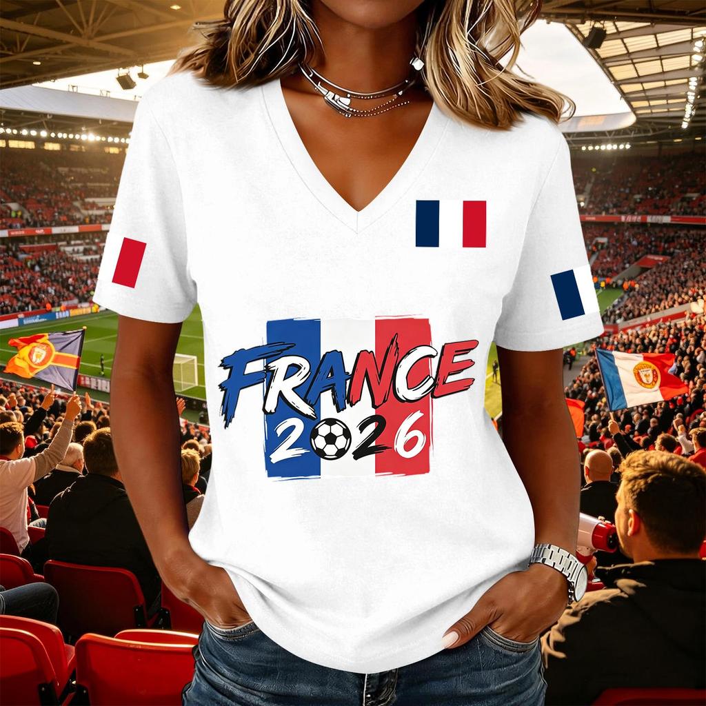 Women's Casual V Neck Pullover Top Short Sleeve Soccer Fan Shirt National Flag Print Support Tee for Outdoor Activities