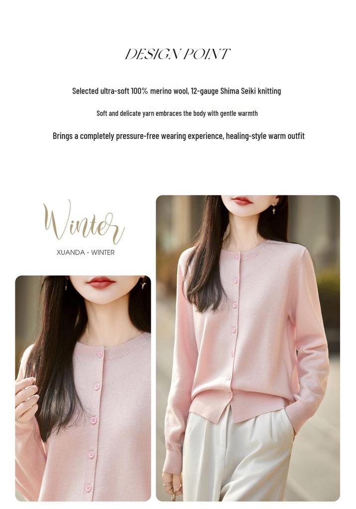 Chic Women's 100% Wool Cardigan: Round Neck, Button-Up, Slimming, Versatile for Autumn/Winter 2026