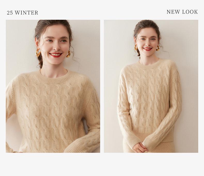 Women's Round Neck Cable Knit Cashmere Sweater - Thickened and Loose Fit for Autumn/Winter