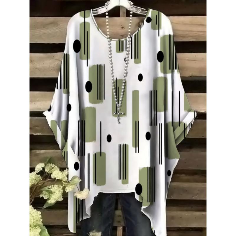 Women s Oversized Shoulder T-shirt with Geometric Polka Dot Print Loose Top for Casual Home Commuting, Versatile 1XL