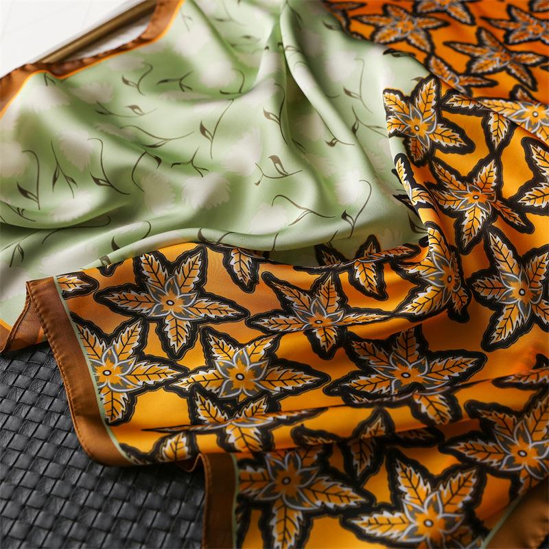 Women Maple Leaf Print Silk Scarf 70X70cm Square Scarves Soft Hairband Headband Neckerchief Ribbon Sun Protective Kerchief