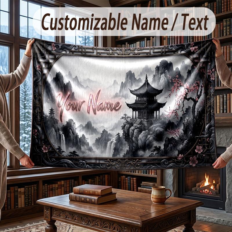 Mountain Landscape Theme Throw Blanket Custom Name Text Personalized Blanket Soft Cozy Blanket for Home Sofa Bed