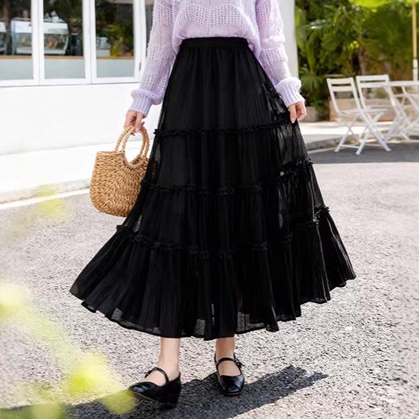 Fei Yuan French Patchwork Mesh Midi Skirt - Women s New Spring Fashion, Versatile, Flowy Solid Color Skirt One Size чёрный