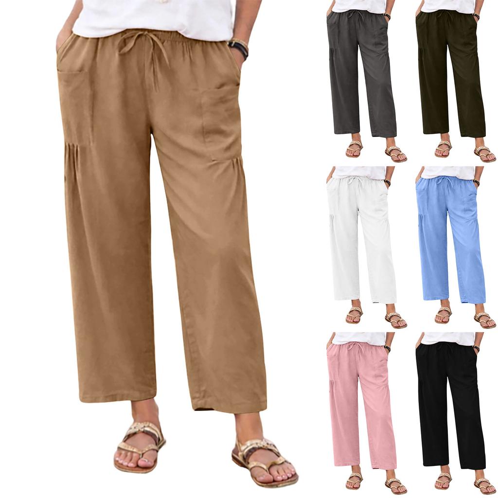 Women Loose Fit Wide Leg Drawstring Pants Casual Linen Trousers with Pockets Elastic Waistband Relaxed Fit Summer Bottoms