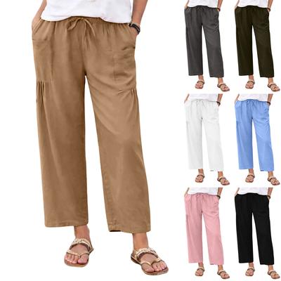 Women Loose Fit Wide Leg Drawstring Pants Casual Linen Trousers with Pockets Elastic Waistband Relaxed Fit Summer Bottoms