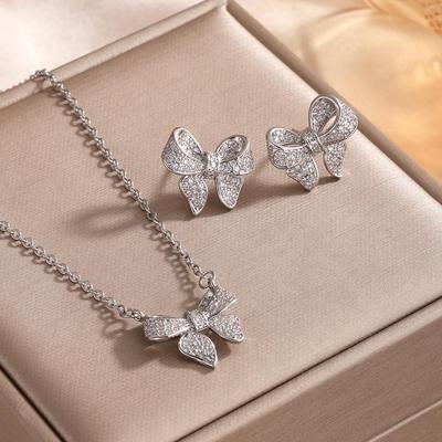 ZAKOL Luxury Full Shiny CZ Bow Earring Necklaces for Women Clear AAA Cubic Zirconia Engagement Wedding Party Zircon Set