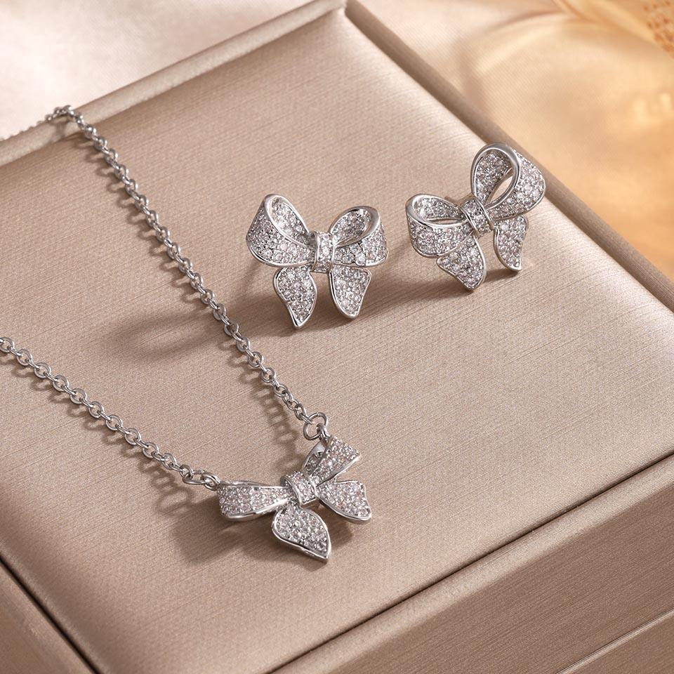 ZAKOL Luxury Full Shiny CZ Bow Earring Necklaces for Women Clear AAA Cubic Zirconia Engagement Wedding Party Zircon Set
