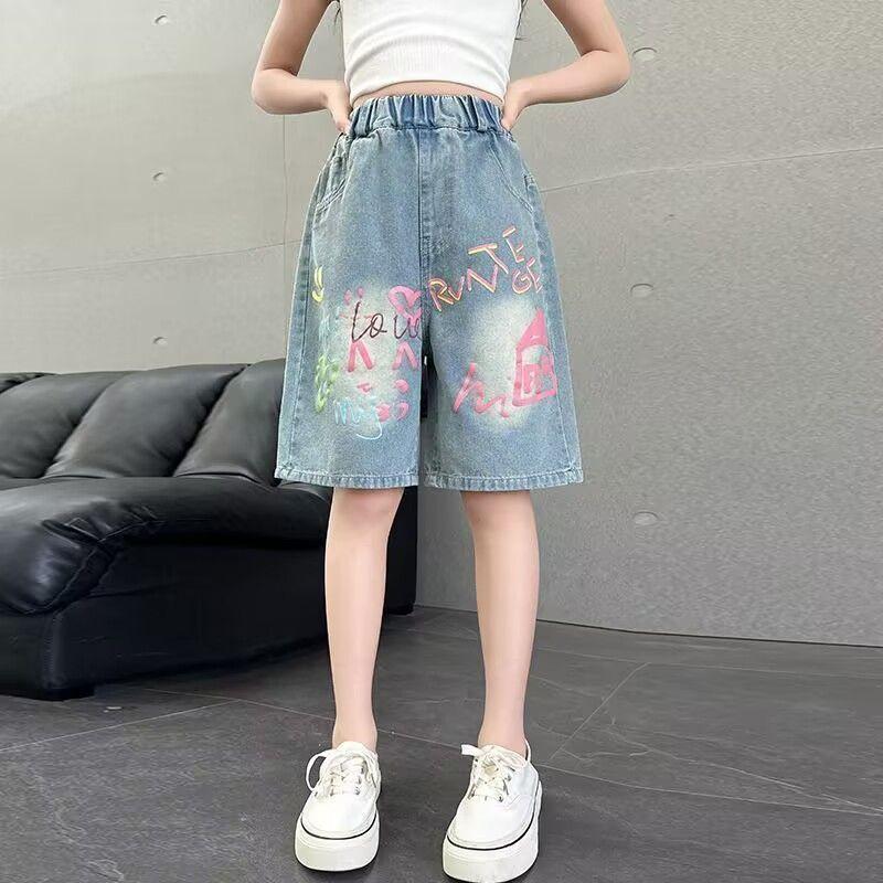 

Повседневные брюки для девочек с принтом букв, летние тонкие джинсовые шорты, универсальные шорты, джинсы 160