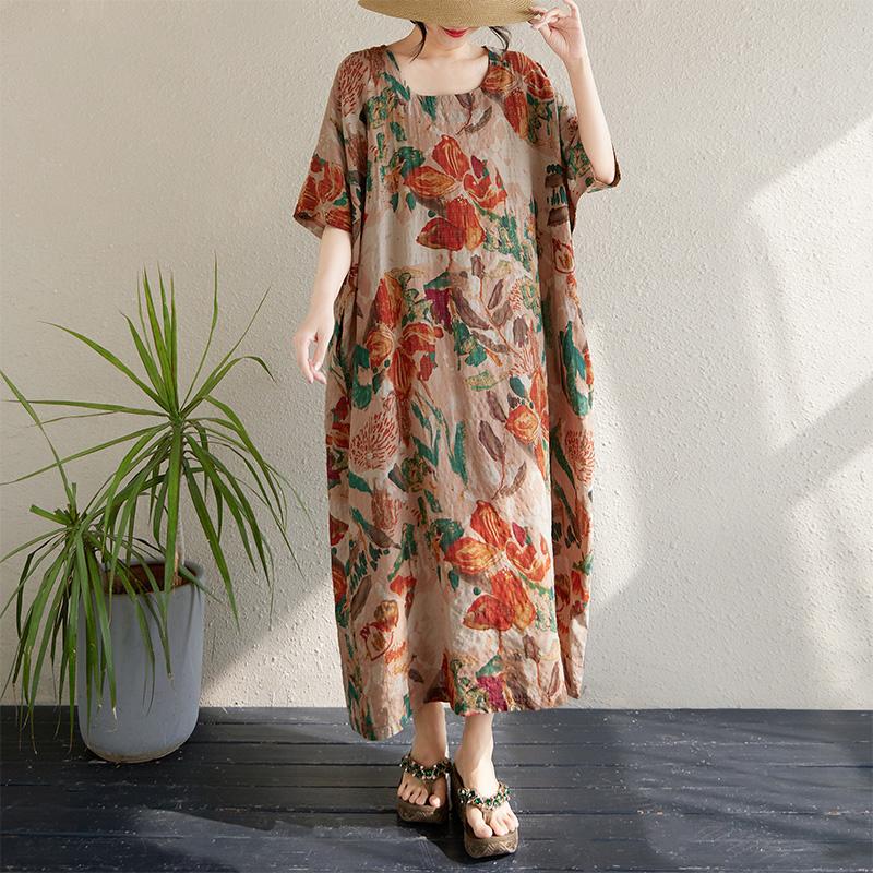 Dimanaf 2025 Plus Size Dress Women Summer Elegant Long Floral Printing Dress Loose Casual Vintage Dress Maxi