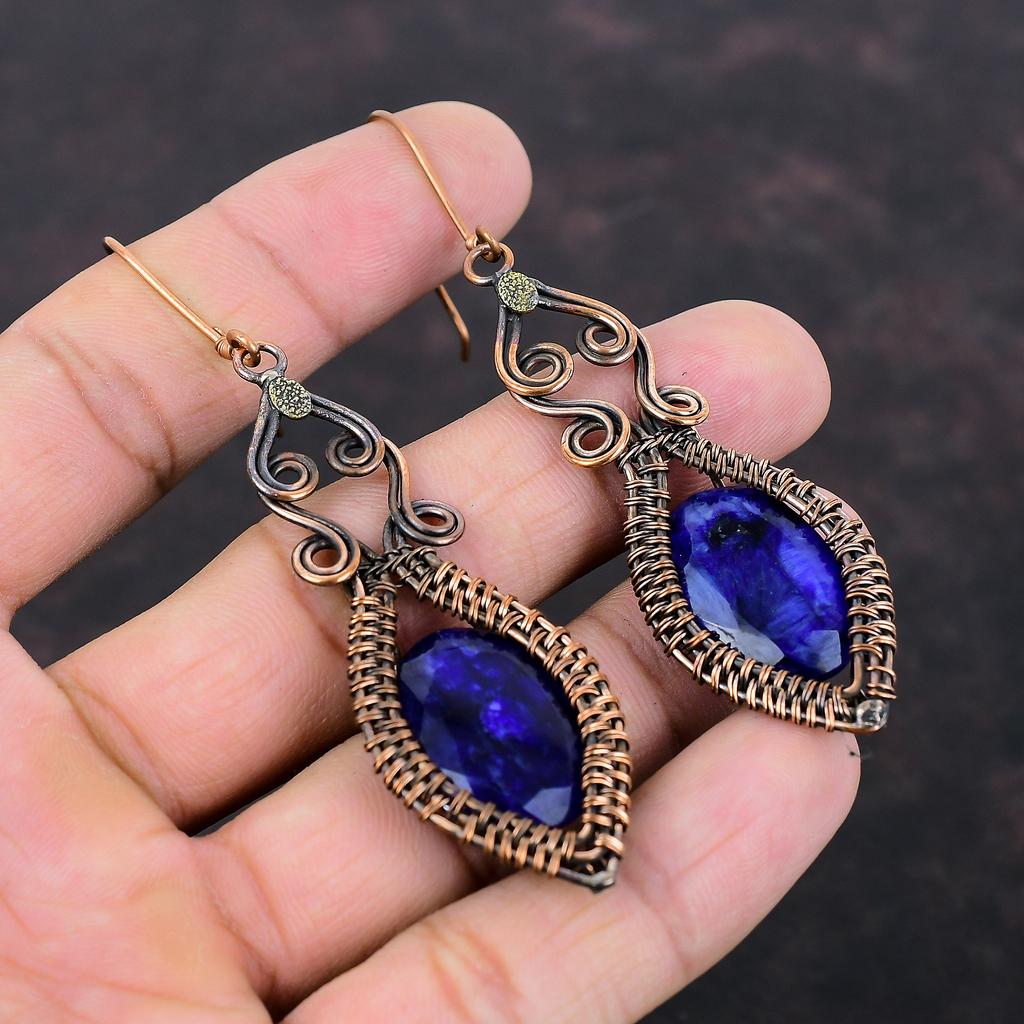 Faceted Blue Sapphire Earrings Copper Wire Wrapped Earring Handmade Real Gemstone Jewelry Designer Earring Copper Wire Jewelry Gift For Her