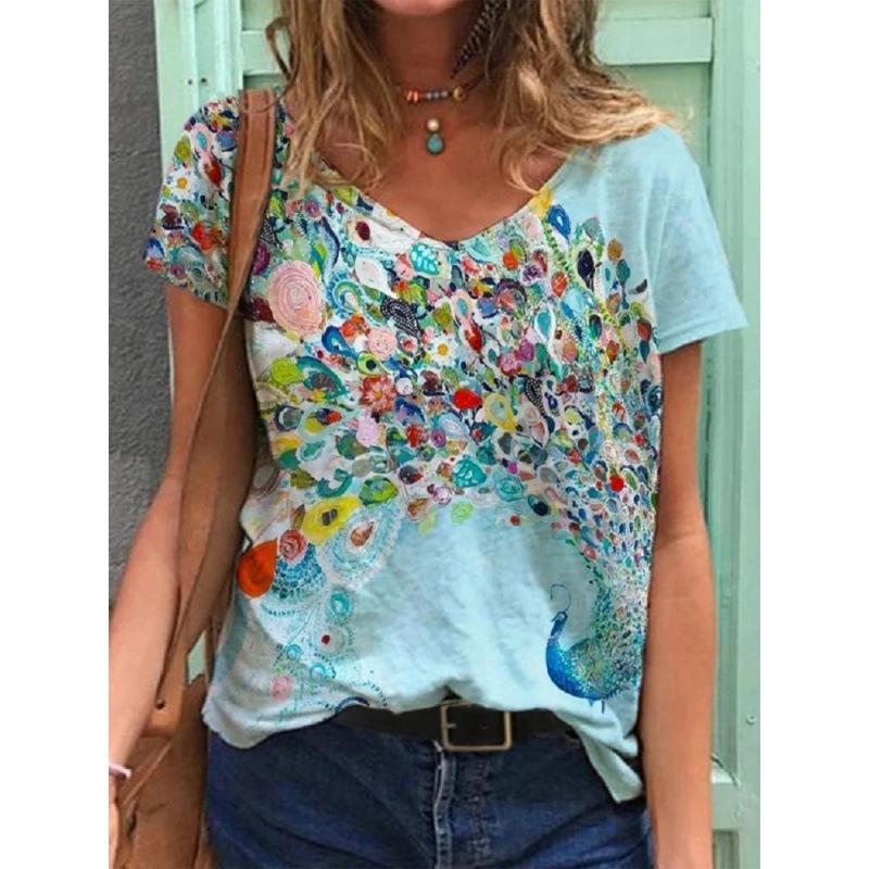 Ladies' Casual Summer Pullover V-neck T-shirt with Floral 3D Printing Short Sleeved Loose Women's Top T-Shirts Women’s