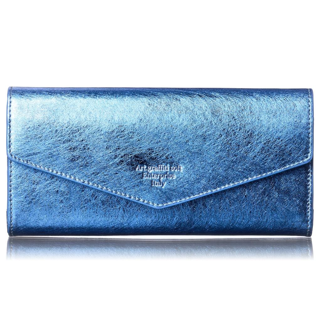 [VOICE] Align Graffiti Italian Cowhide Leather Women's Vertical Card Slot Flap Long Wallet, Gift Boxed, Blue