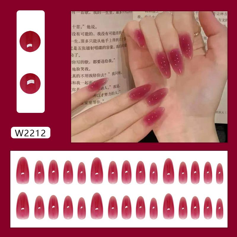 W2212 Dark Plum Jam Glue On Nails Medium Almond Sweet European Style False Nails For Ladies