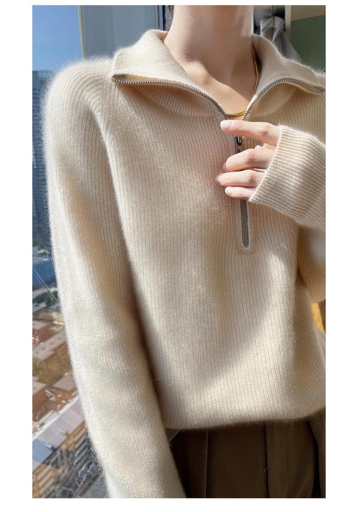 Women's 100% Pure Wool Lapel Pullover - Autumn/Winter 2024 Collection, Loose Fit, Half-High Neck, Versatile, Slimming Knit Sweater.